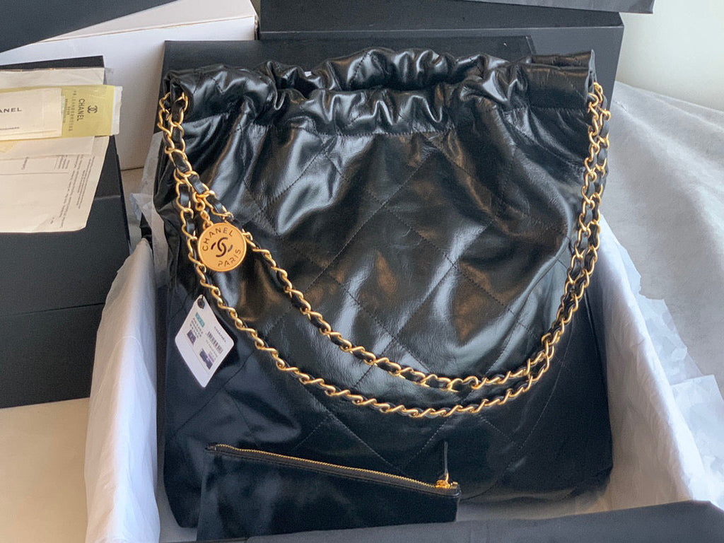 Chanel 22 Large Handbag AS3262 Shiny Calfskin Gold-Tone Metal Black