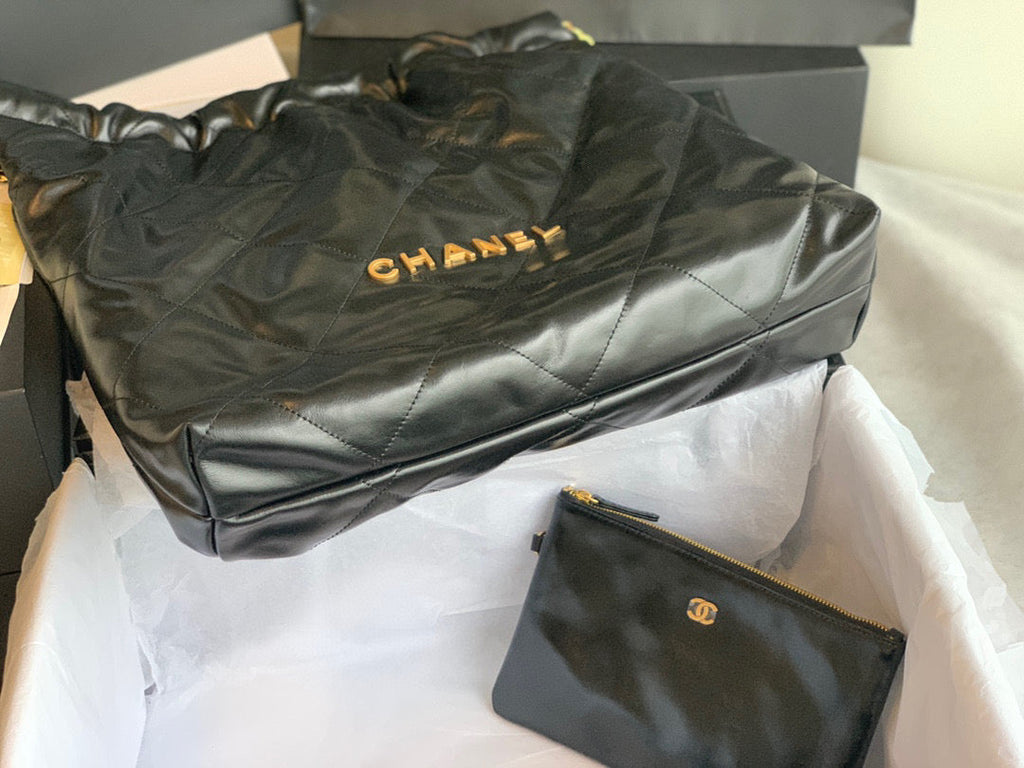 Chanel 22 Large Handbag AS3262 Shiny Calfskin Gold-Tone Metal Black