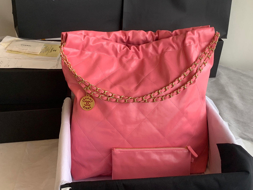 Chanel 22 Large Handbag AS3262 Shiny Calfskin Gold-Tone Metal Coral Pink