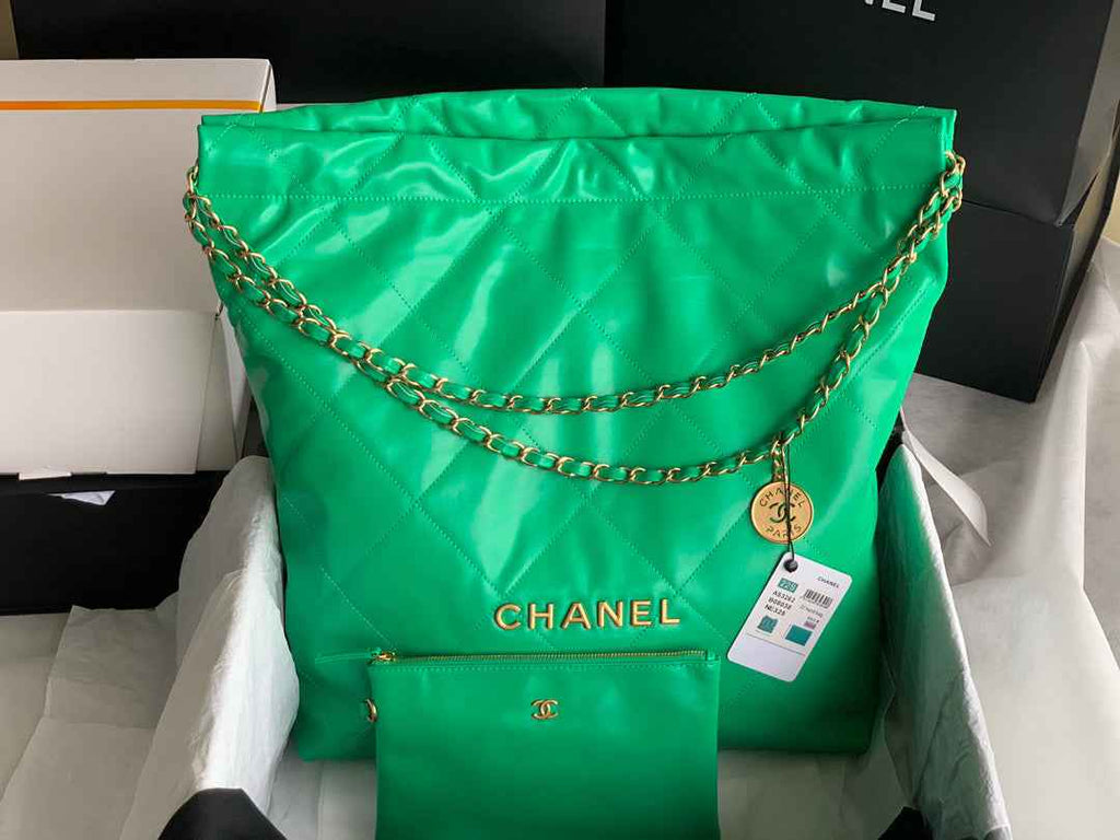 Chanel 22 Large Handbag AS3262 Shiny Calfskin Gold-Tone Metal Green