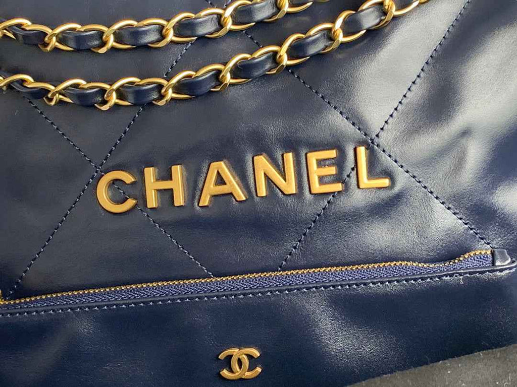 Chanel 22 Large Handbag AS3262 Shiny Calfskin Gold-Tone Metal Navy Blue