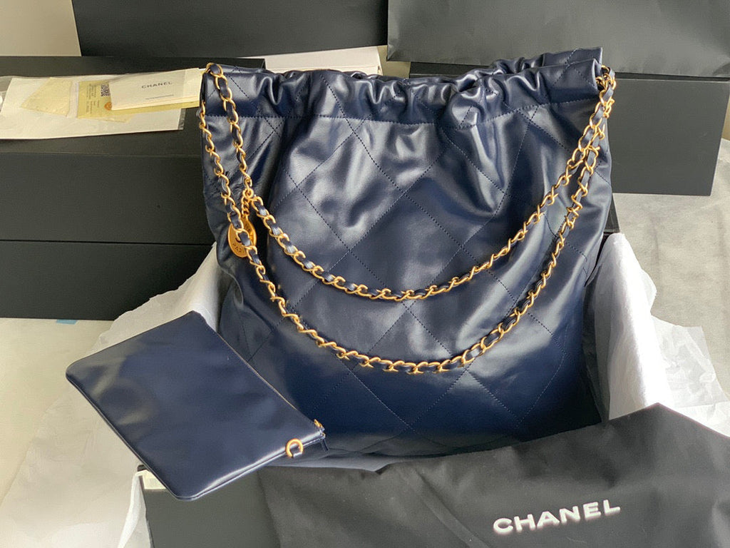 Chanel 22 Large Handbag AS3262 Shiny Calfskin Gold-Tone Metal Navy Blue