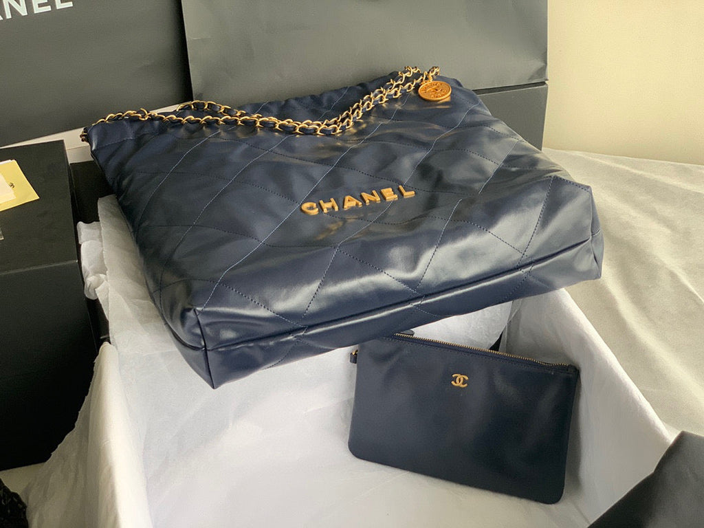 Chanel 22 Large Handbag AS3262 Shiny Calfskin Gold-Tone Metal Navy Blue