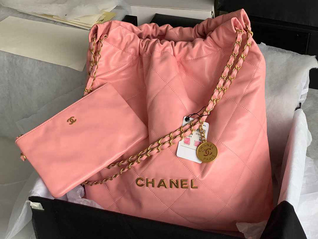 Chanel 22 Large Handbag AS3262 Shiny Calfskin Gold-Tone Metal Pink