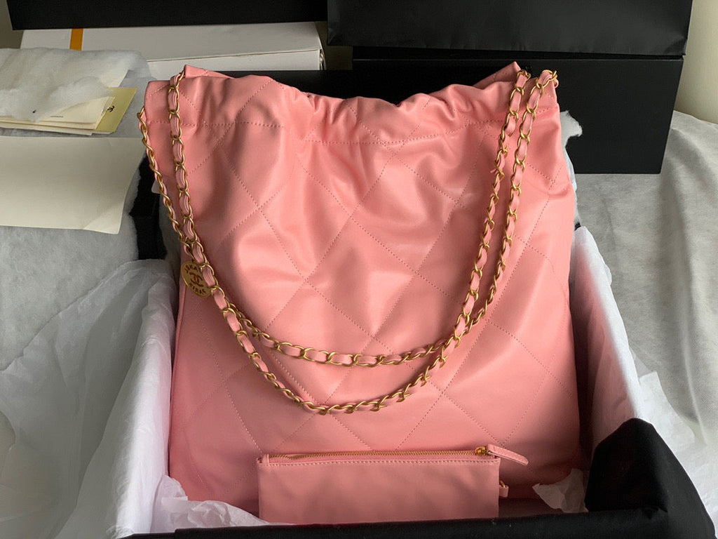 Chanel 22 Large Handbag AS3262 Shiny Calfskin Gold-Tone Metal Pink