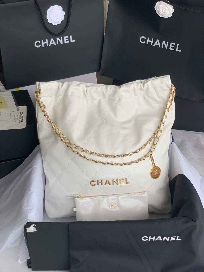 Chanel 22 Large Handbag AS3262 Shiny Calfskin Gold-Tone Metal White