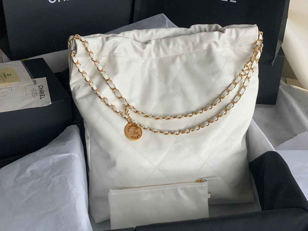 Chanel 22 Large Handbag AS3262 Shiny Calfskin Gold-Tone Metal White