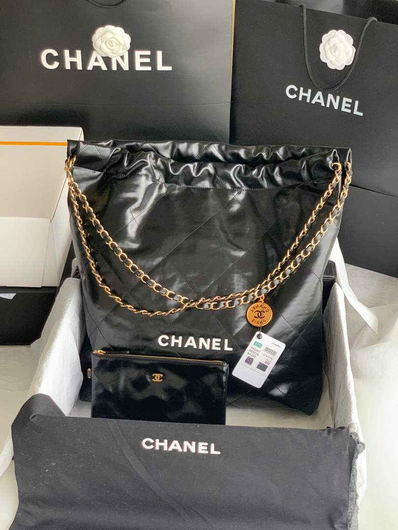 Chanel 22 Large Handbag AS3262 Shiny Calfskin Lacquered Metal Black Logo White