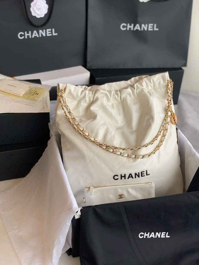 Chanel 22 Large Handbag AS3262 Shiny Calfskin Lacquered Metal White Logo Black