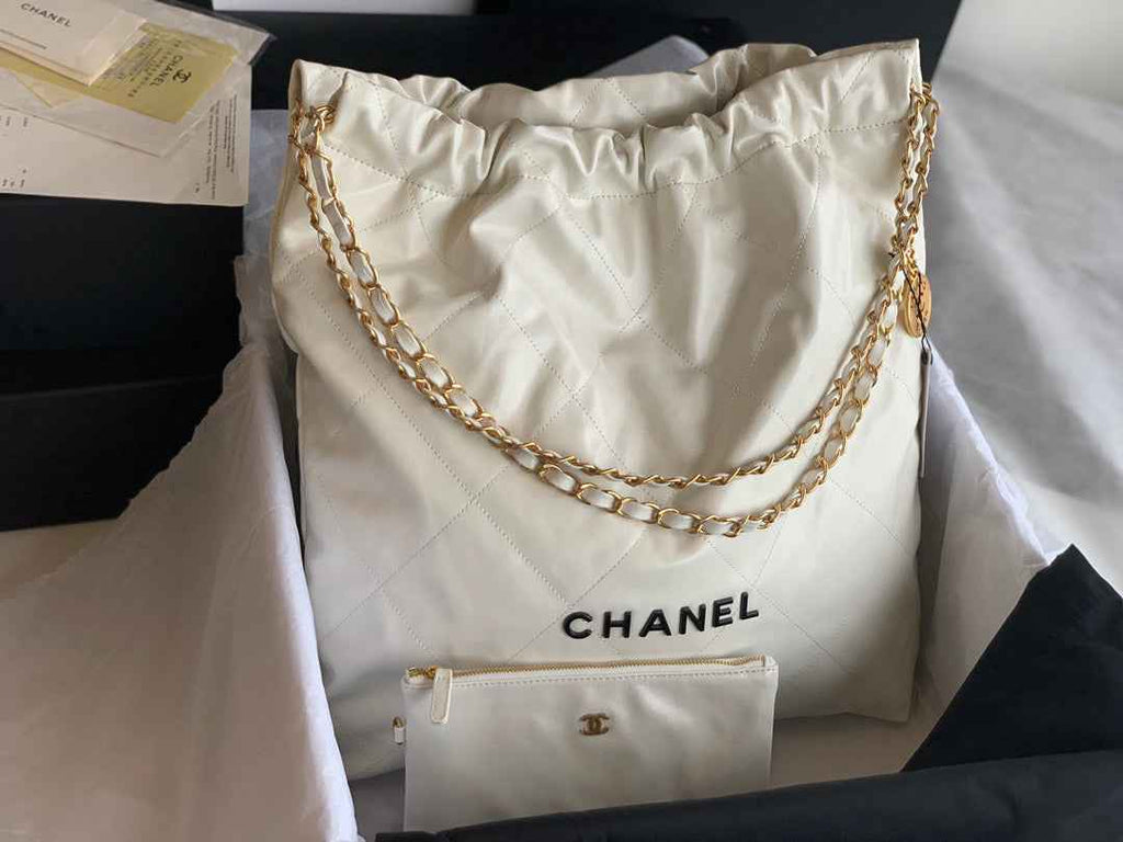 Chanel 22 Large Handbag AS3262 Shiny Calfskin Lacquered Metal White Logo Black