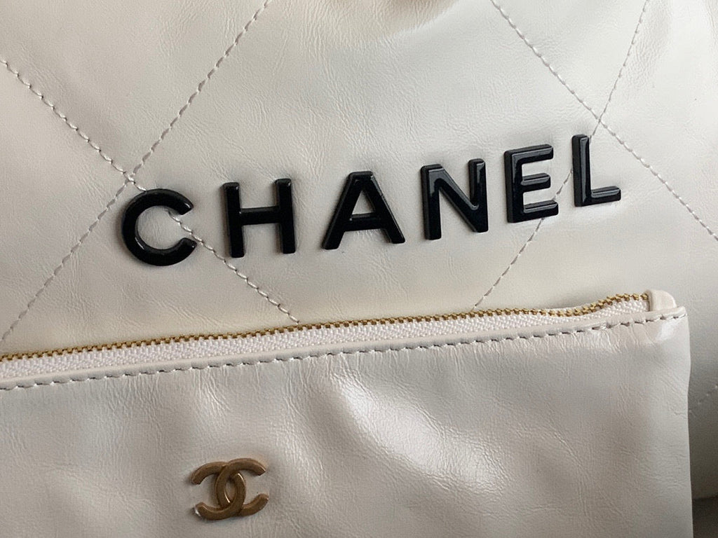 Chanel 22 Large Handbag AS3262 Shiny Calfskin Lacquered Metal White Logo Black