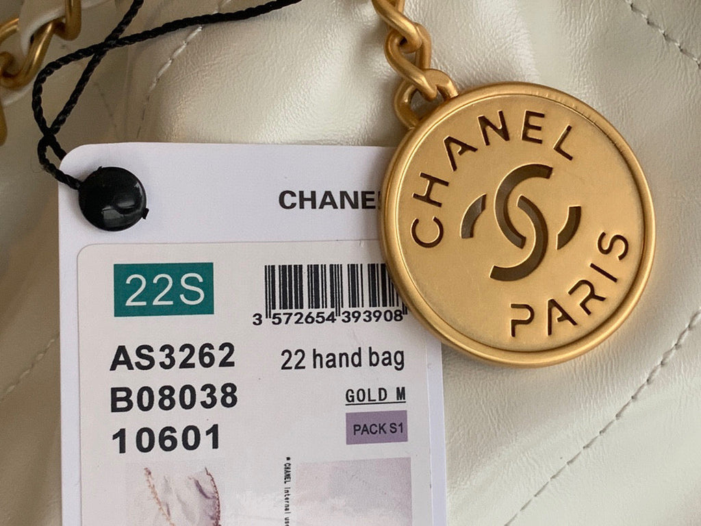 Chanel 22 Large Handbag AS3262 Shiny Calfskin Lacquered Metal White Logo Black