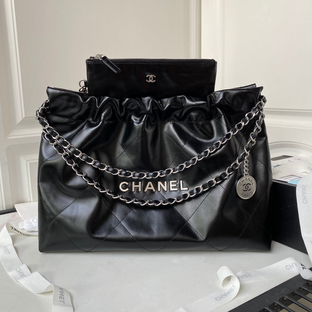 Chanel 22 Handbag AS4486 Calfskin In Black Silver