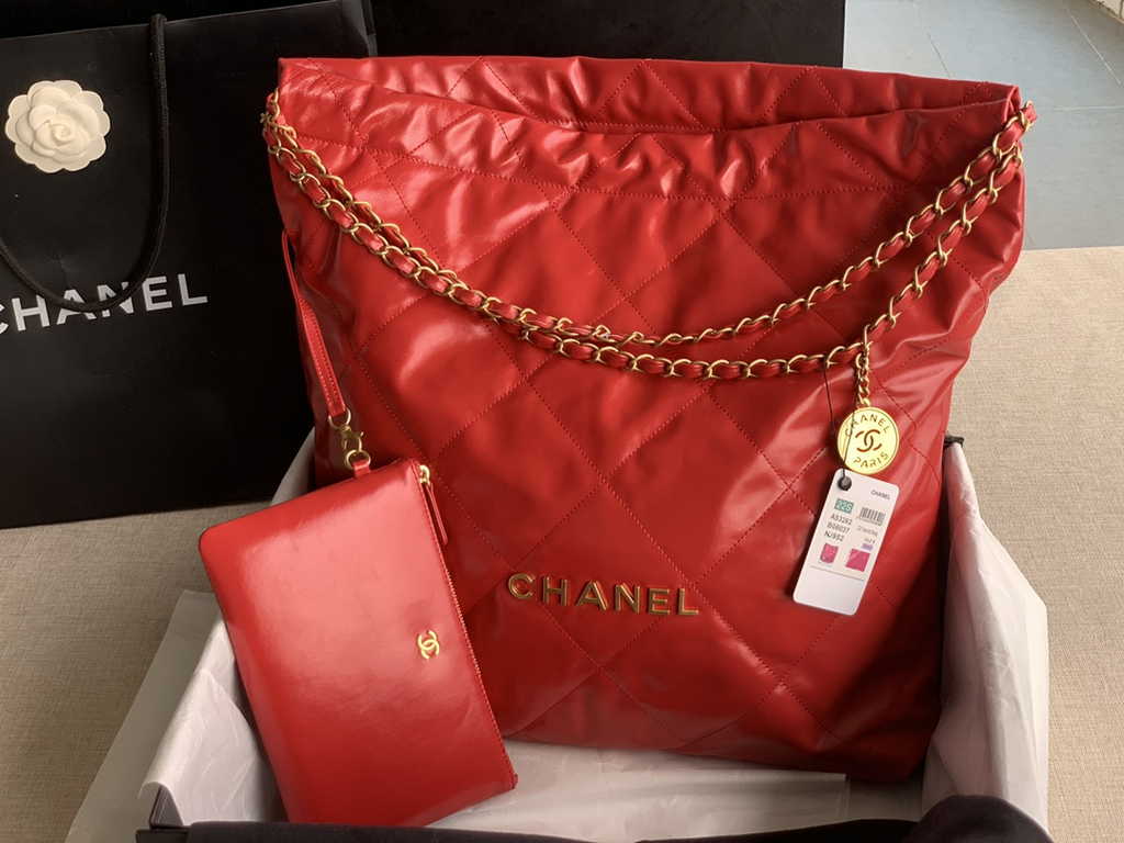 Chanel 22 Large Handbag AS3262 Shiny Calfskin Gold-Tone Metal Red