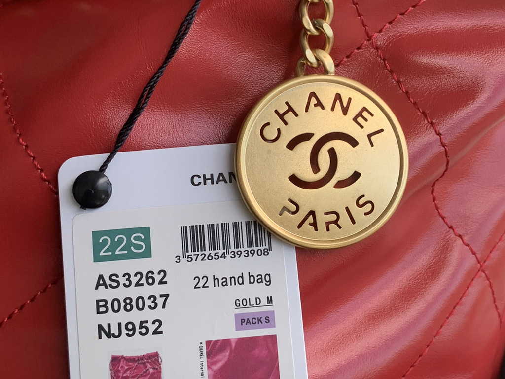 Chanel 22 Large Handbag AS3262 Shiny Calfskin Gold-Tone Metal Red