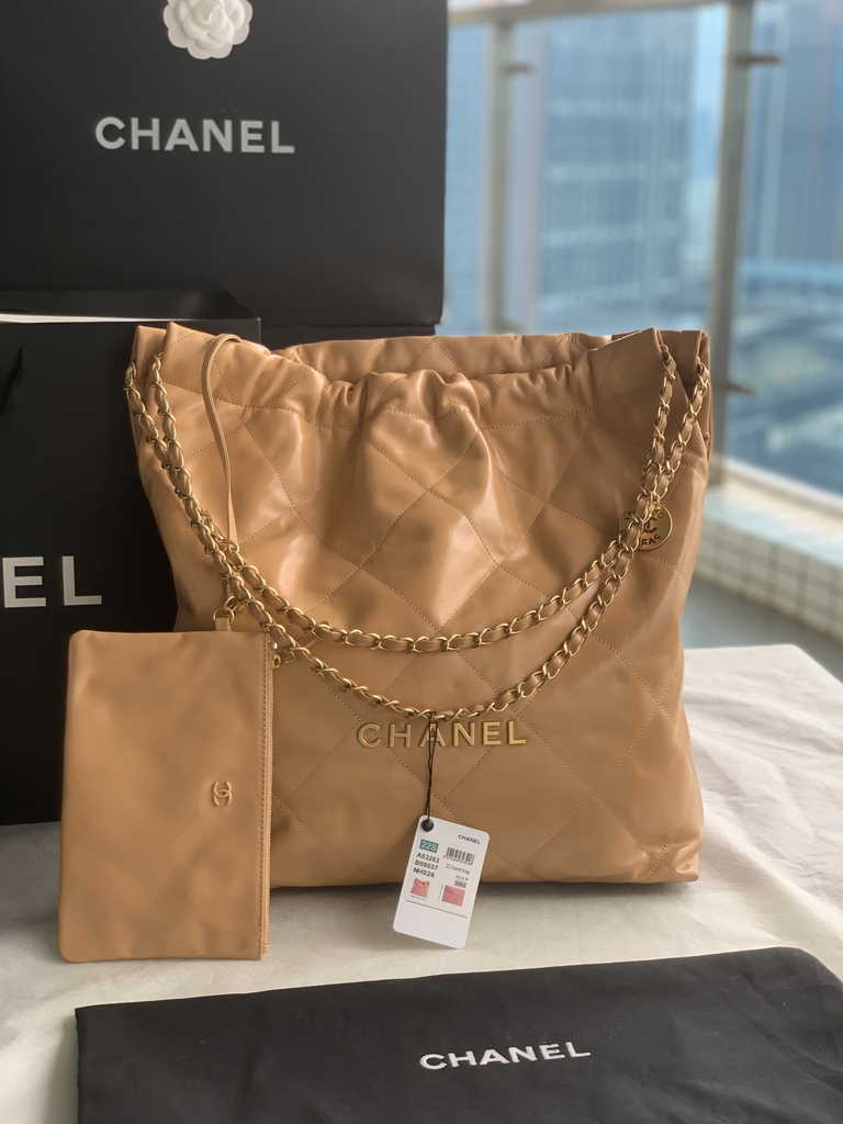 Chanel 22 Large Handbag AS3262 Shiny Calfskin Gold-Tone Metal Tan