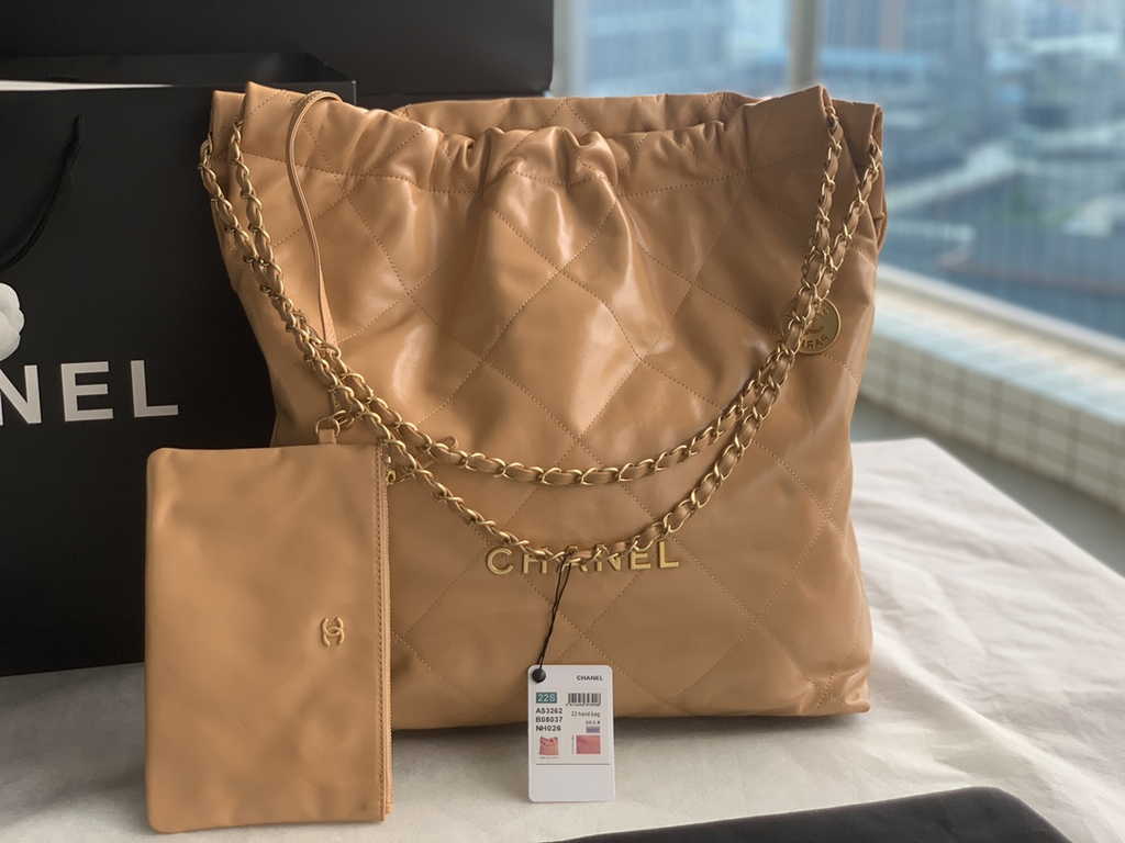 Chanel 22 Large Handbag AS3262 Shiny Calfskin Gold-Tone Metal Tan