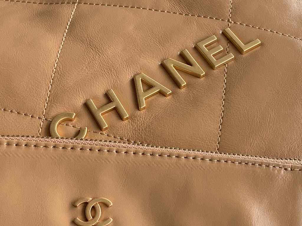 Chanel 22 Large Handbag AS3262 Shiny Calfskin Gold-Tone Metal Tan
