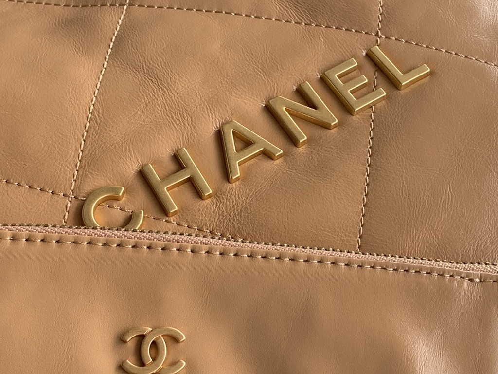 Chanel 22 Large Handbag AS3262 Shiny Calfskin Gold-Tone Metal Tan