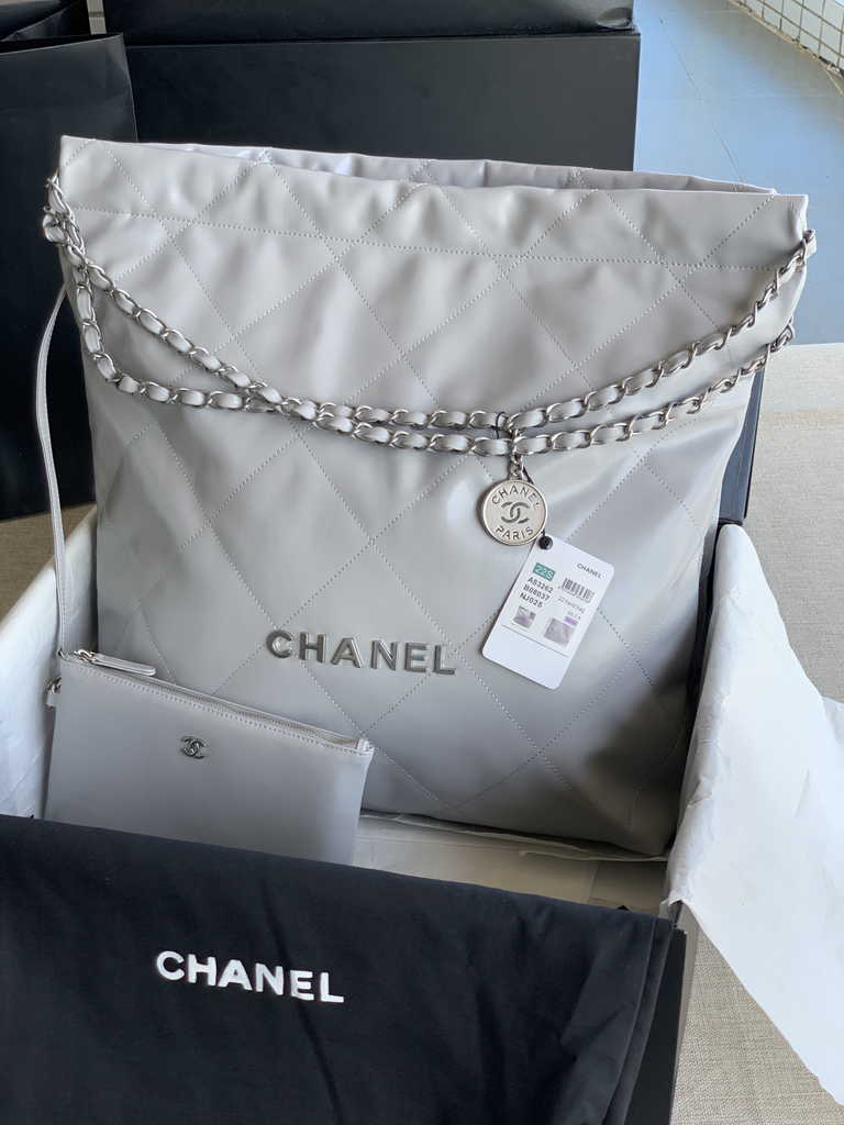 Chanel 22 Large Handbag AS3262 Shiny Calfskin Silver-Tone Metal Gray