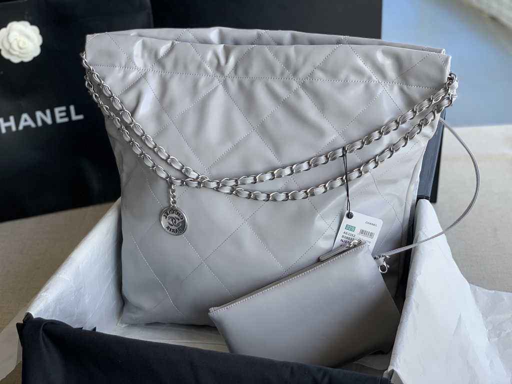 Chanel 22 Large Handbag AS3262 Shiny Calfskin Silver-Tone Metal Gray