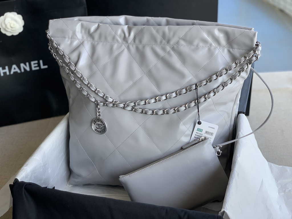 Chanel 22 Large Handbag AS3262 Shiny Calfskin Silver-Tone Metal Gray