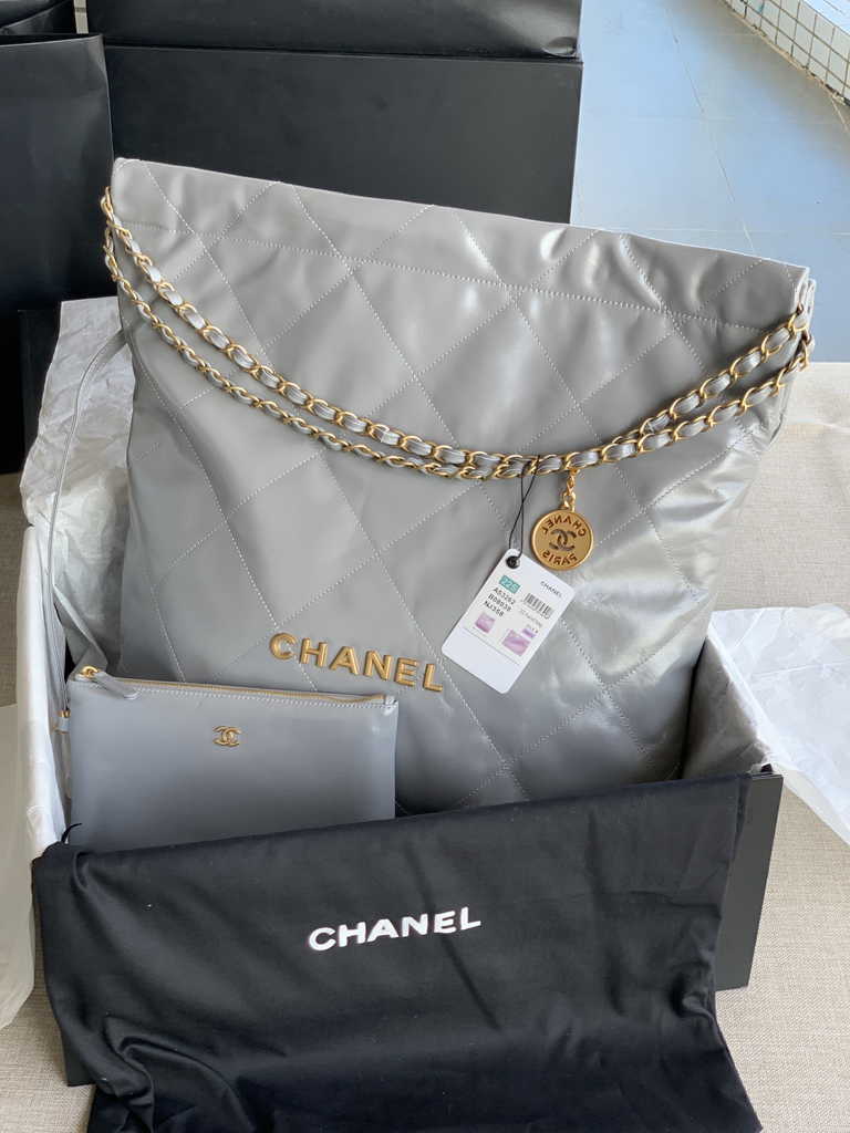 Chanel 22 Large Handbag AS3262 Shiny Calfskin Gold-Tone Metal Gray
