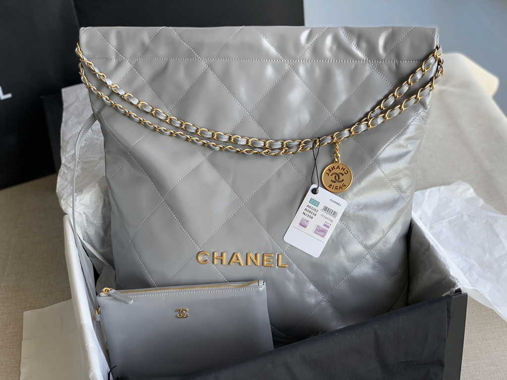 Chanel 22 Large Handbag AS3262 Shiny Calfskin Gold-Tone Metal Gray