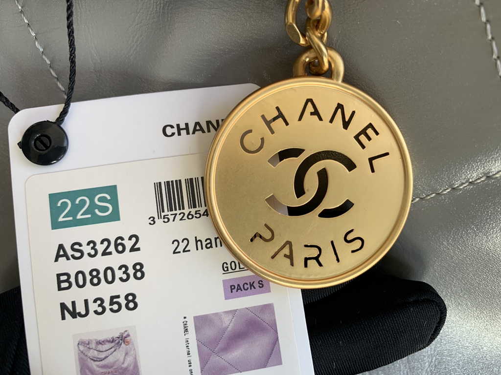 Chanel 22 Large Handbag AS3262 Shiny Calfskin Gold-Tone Metal Gray