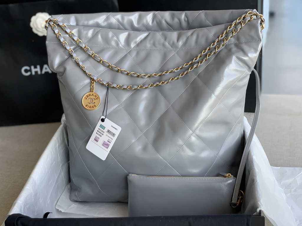 Chanel 22 Large Handbag AS3262 Shiny Calfskin Gold-Tone Metal Gray