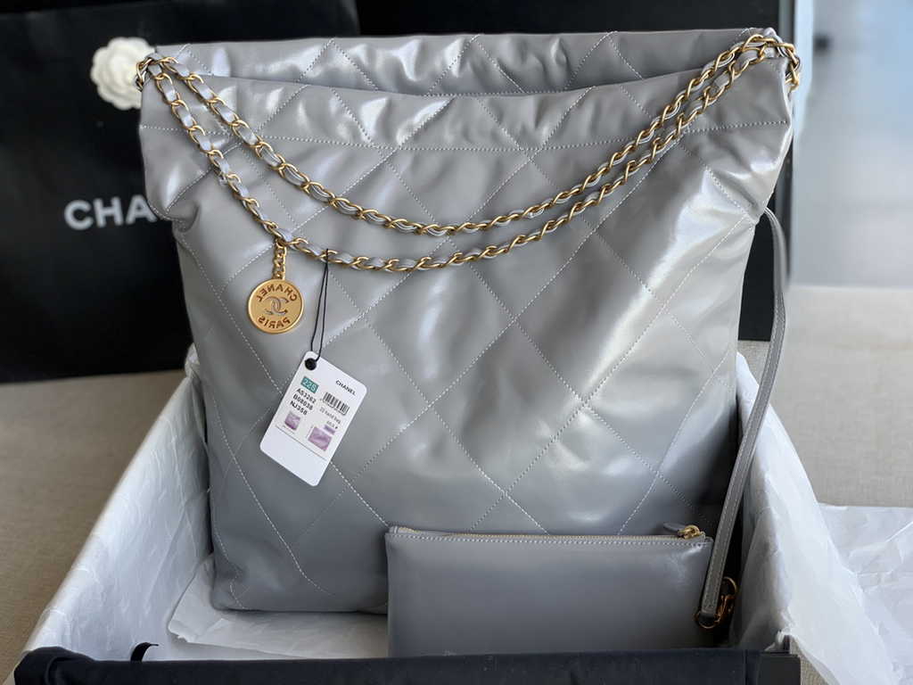 Chanel 22 Large Handbag AS3262 Shiny Calfskin Gold-Tone Metal Gray