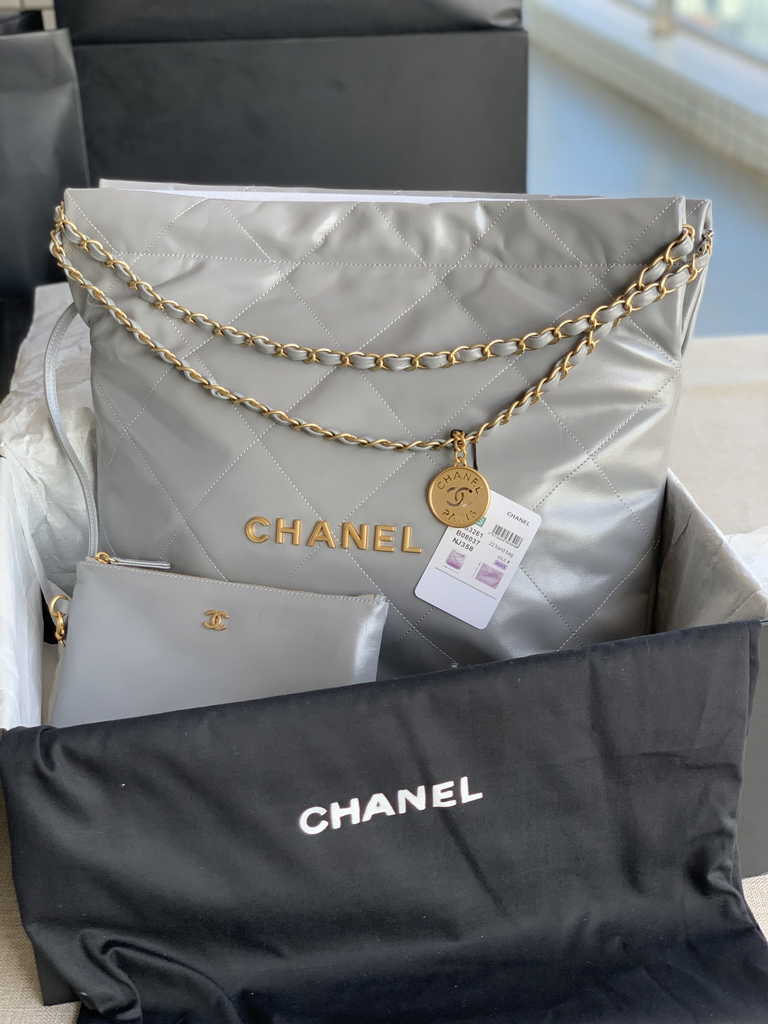 Chanel 22 Large Handbag AS3262 Shiny Calfskin Gold-Tone Metal Gray