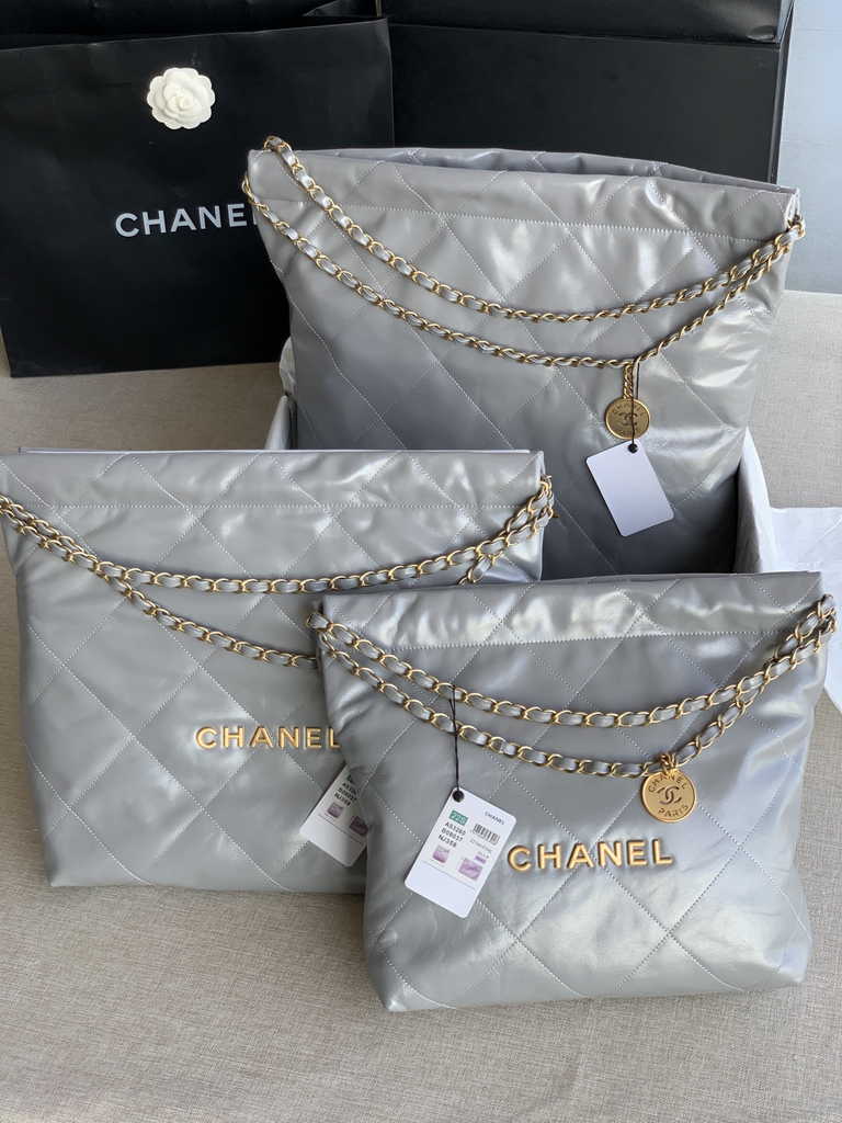 Chanel 22 Large Handbag AS3262 Shiny Calfskin Gold-Tone Metal Gray