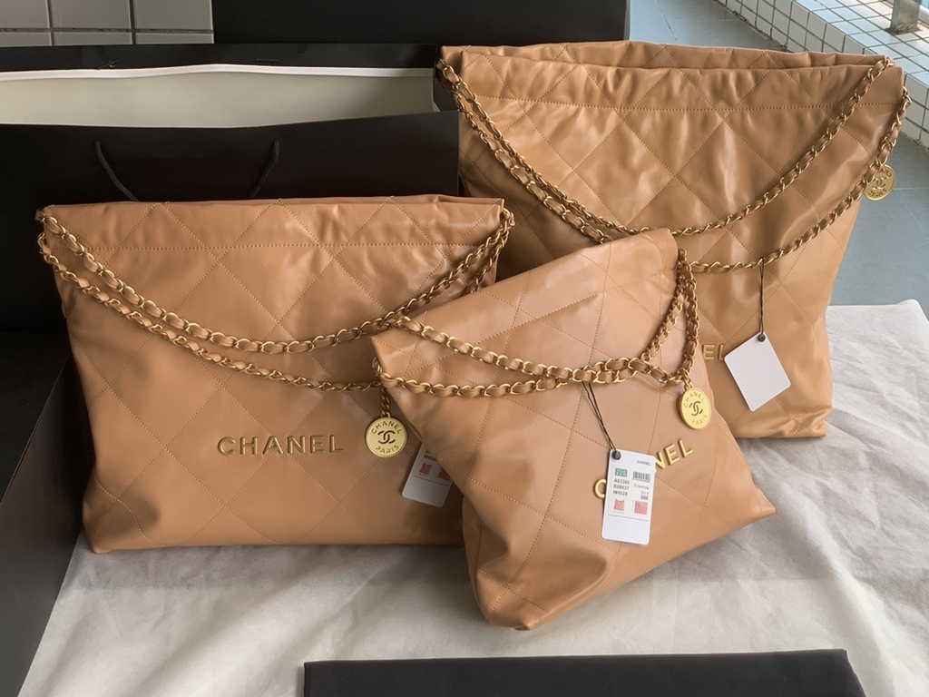 Chanel 22 Large Handbag AS3262 Shiny Calfskin Gold-Tone Metal Tan