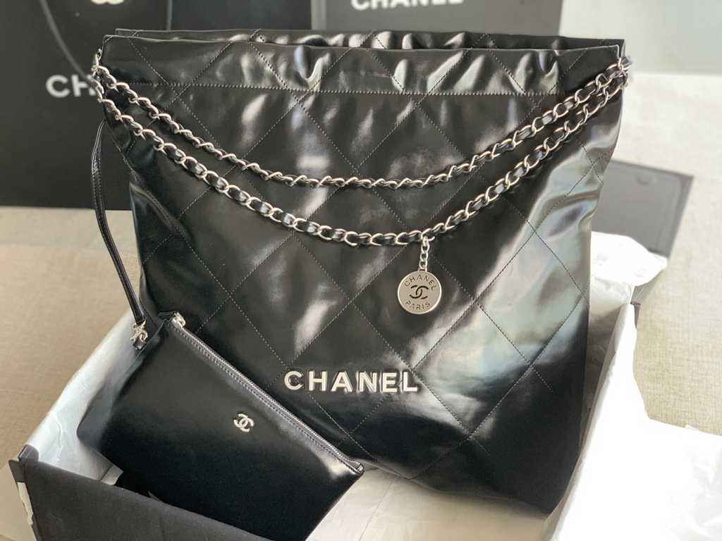 Chanel 22 Large Handbag AS3262 Shiny Calfskin Silver-Tone Metal