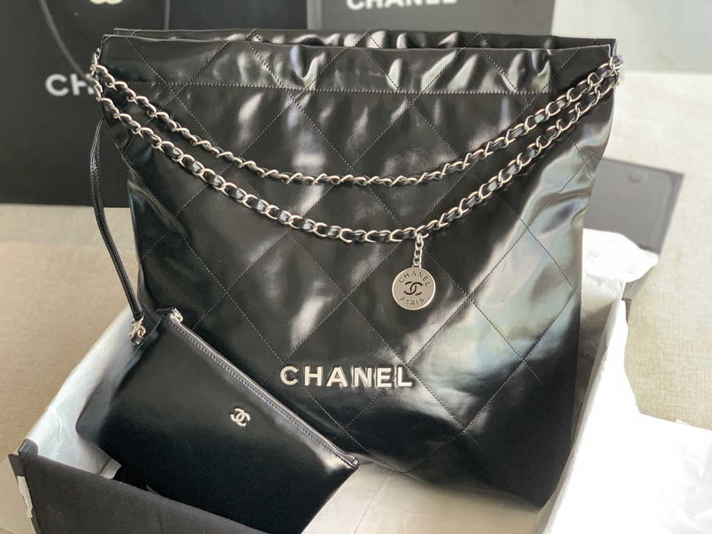 Chanel 22 Large Handbag AS3262 Shiny Calfskin Silver-Tone Metal