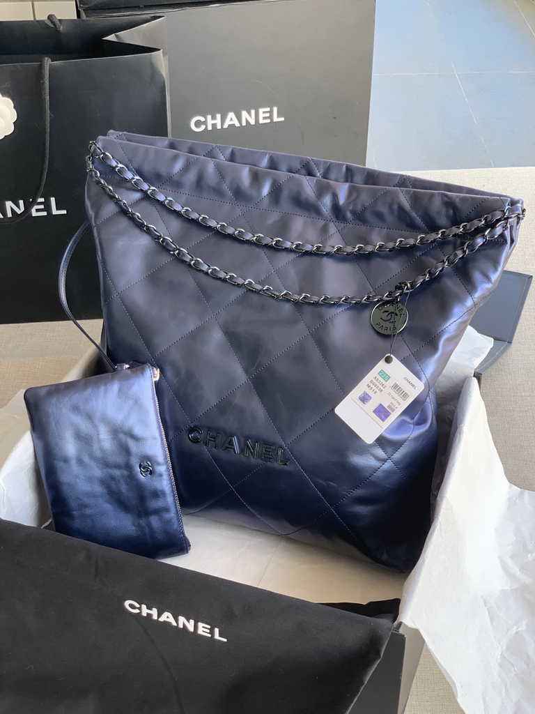 Chanel 22 Large Handbag AS3262 Navy Blue Shiny Calfskin Silver-Tone Metal
