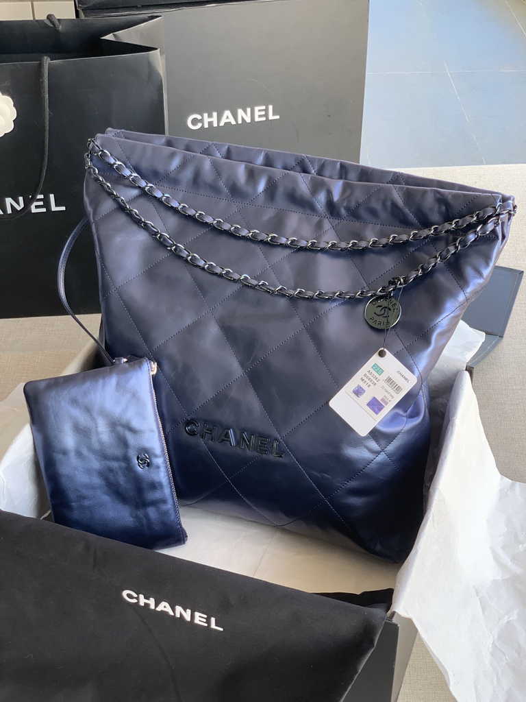Chanel 22 Large Handbag AS3262 Navy Blue Shiny Calfskin Silver-Tone Metal