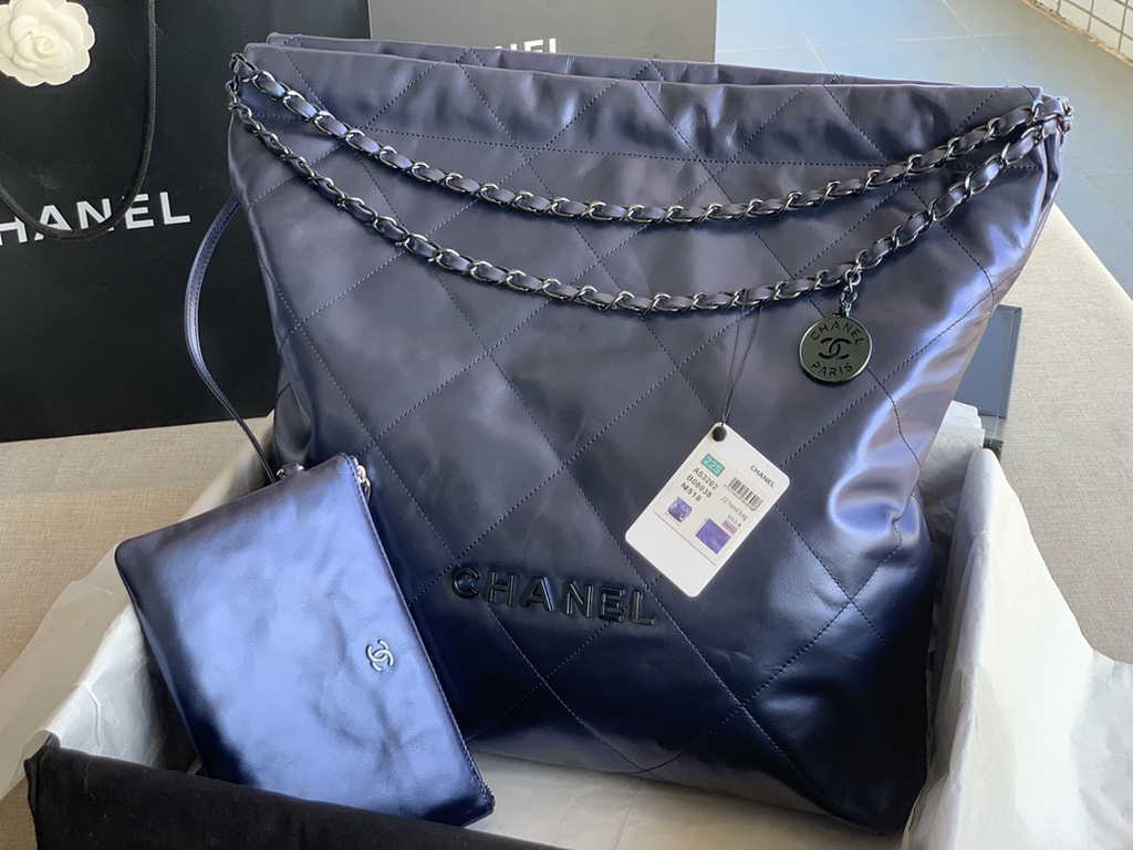 Chanel 22 Large Handbag AS3262 Navy Blue Shiny Calfskin Silver-Tone Metal