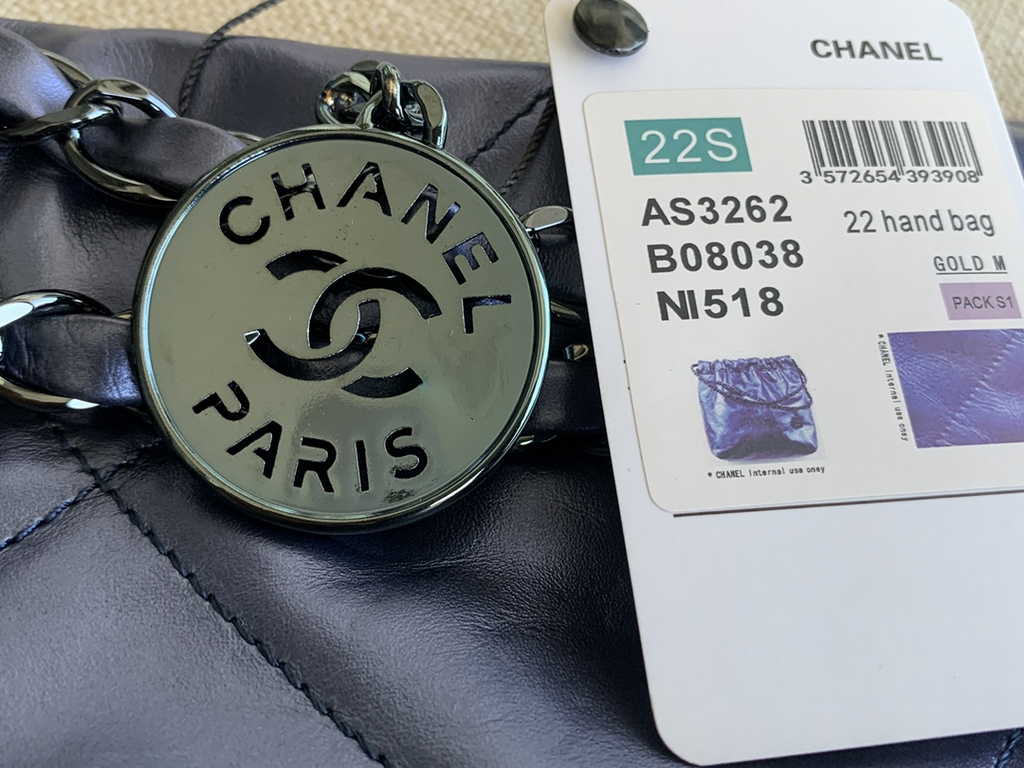 Chanel 22 Large Handbag AS3262 Navy Blue Shiny Calfskin Silver-Tone Metal