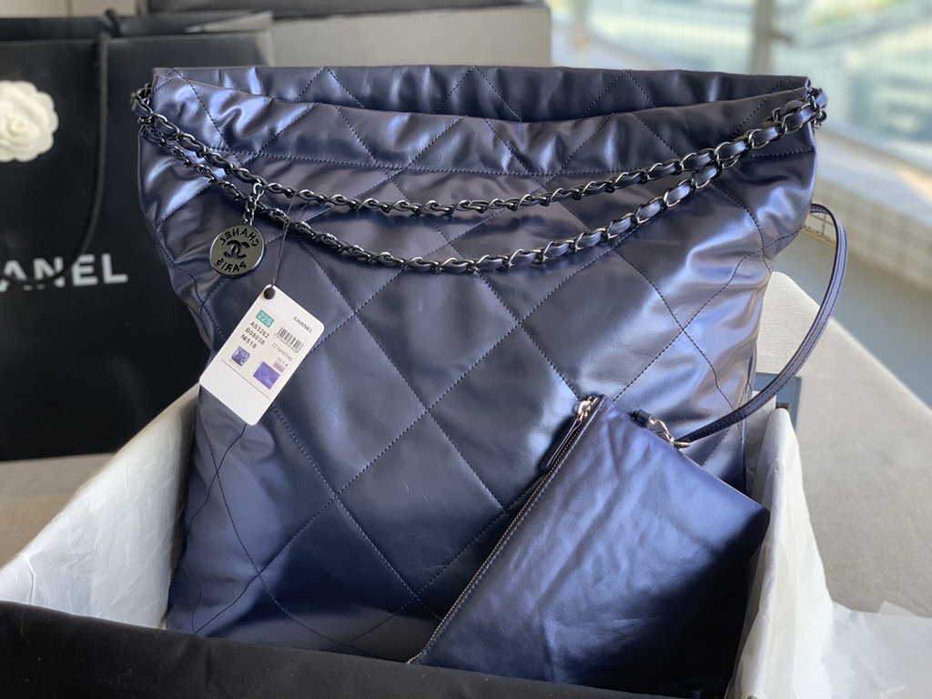 Chanel 22 Large Handbag AS3262 Navy Blue Shiny Calfskin Silver-Tone Metal