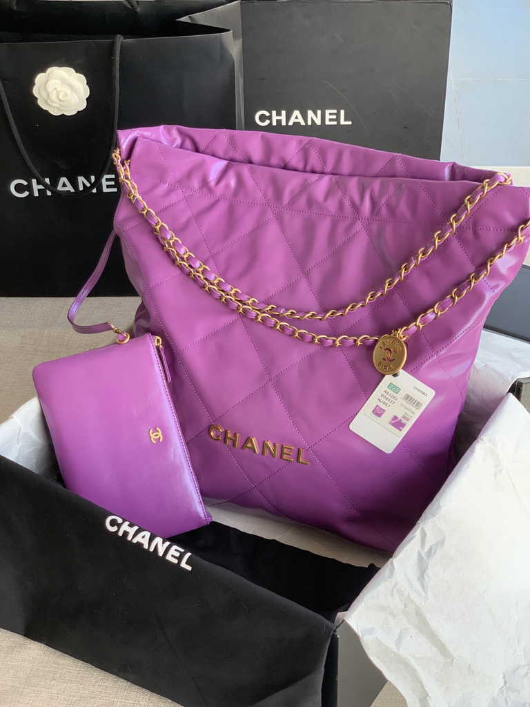 Chanel 22 Large Handbag AS3262 Purple Shiny Calfskin Gold-Tone Metal