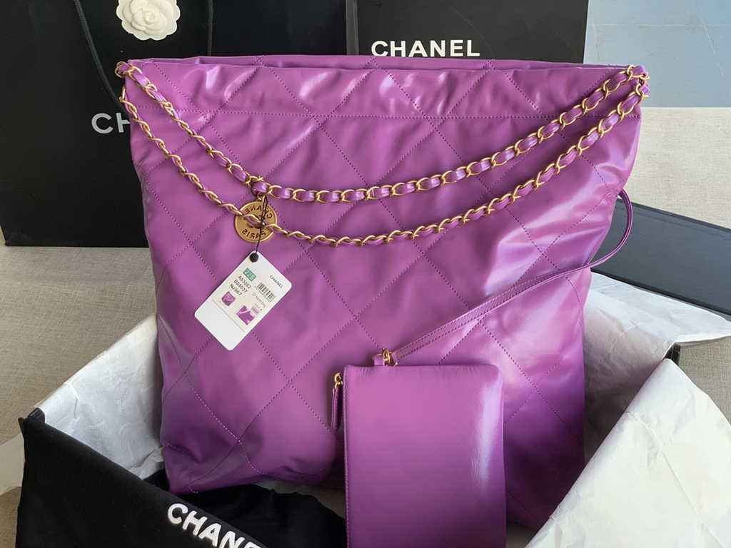 Chanel 22 Large Handbag AS3262 Purple Shiny Calfskin Gold-Tone Metal