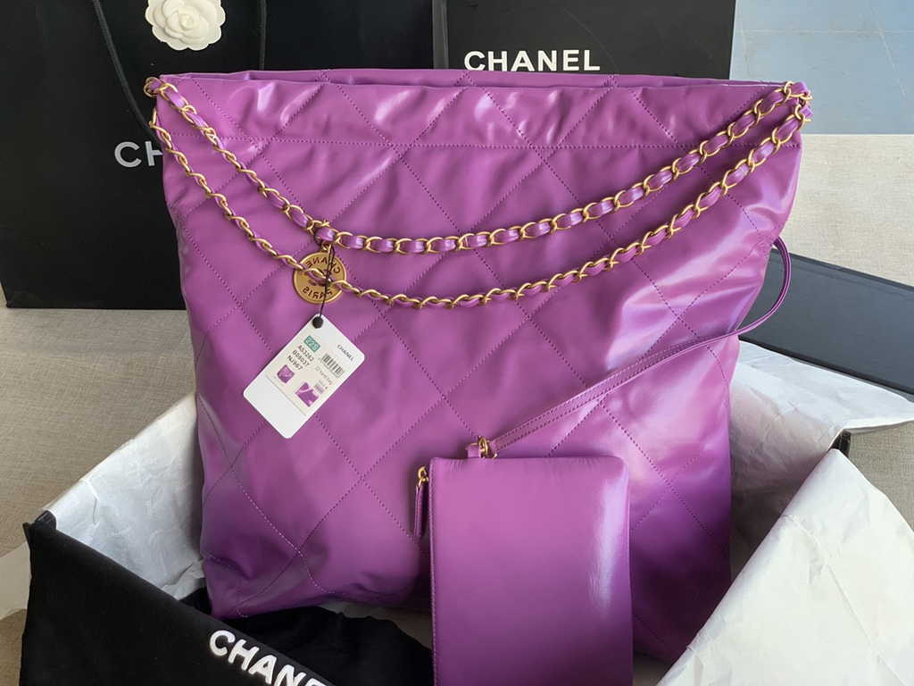 Chanel 22 Large Handbag AS3262 Purple Shiny Calfskin Gold-Tone Metal