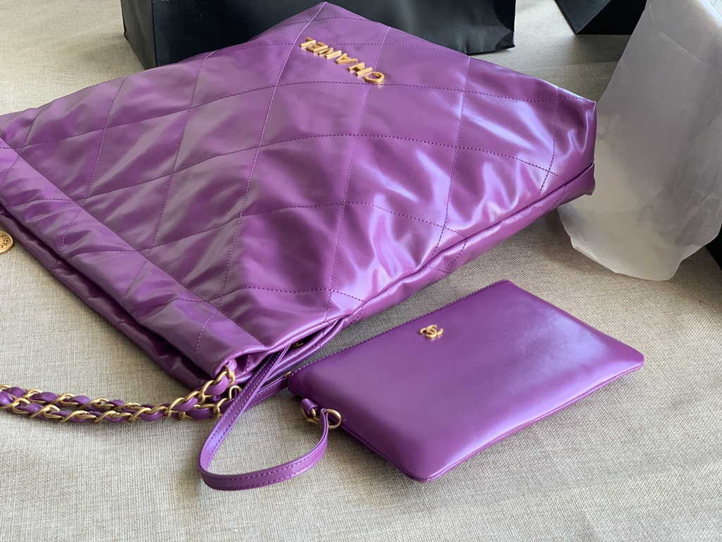 Chanel 22 Large Handbag AS3262 Purple Shiny Calfskin Gold-Tone Metal