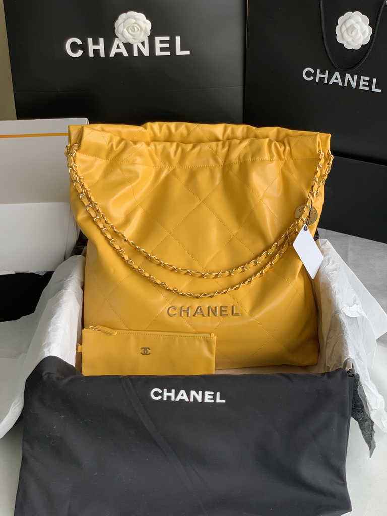 Chanel 22 Large Handbag AS3262 Yellow Shiny Calfskin Gold-Tone Metal