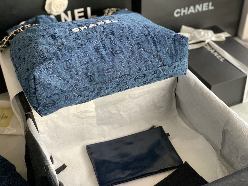 Chanel 22 Large Handbag AS3262 Clothes Gold-Tone Metal Blue logo white