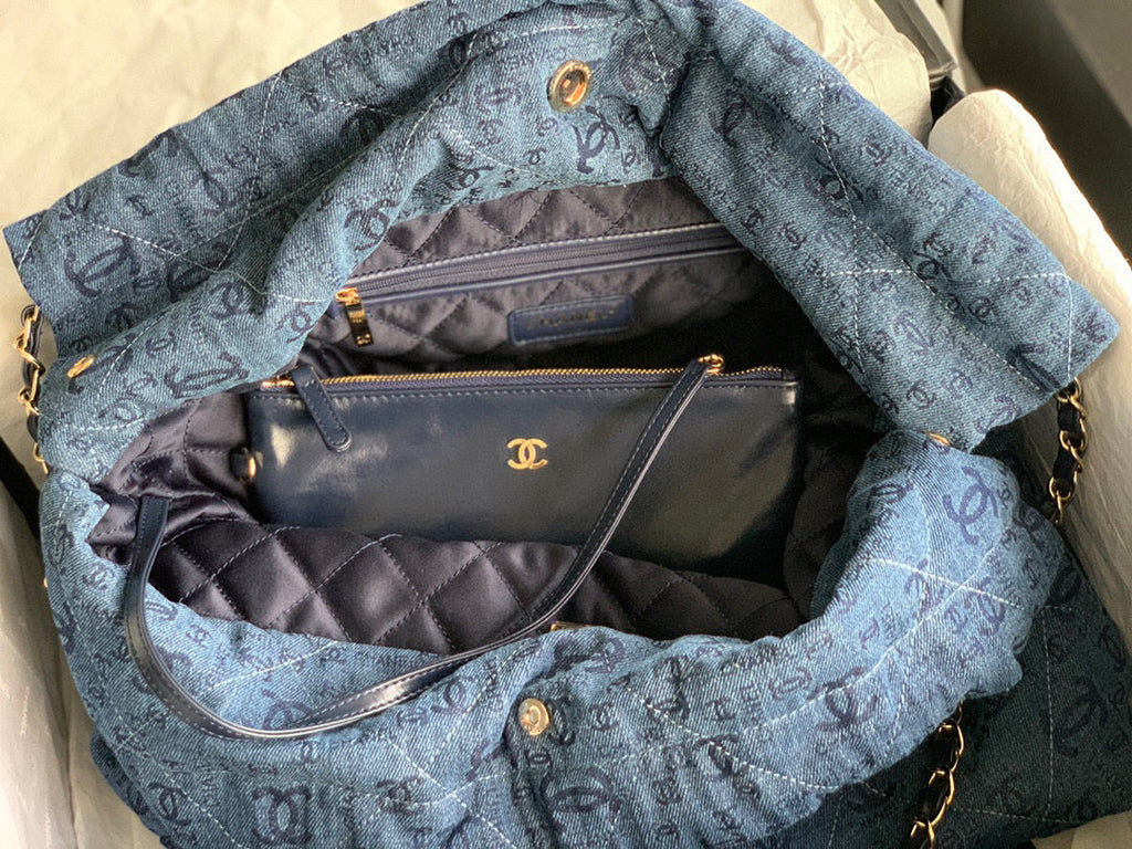 Chanel 22 Large Handbag AS3262 Clothes Gold-Tone Metal Blue logo white