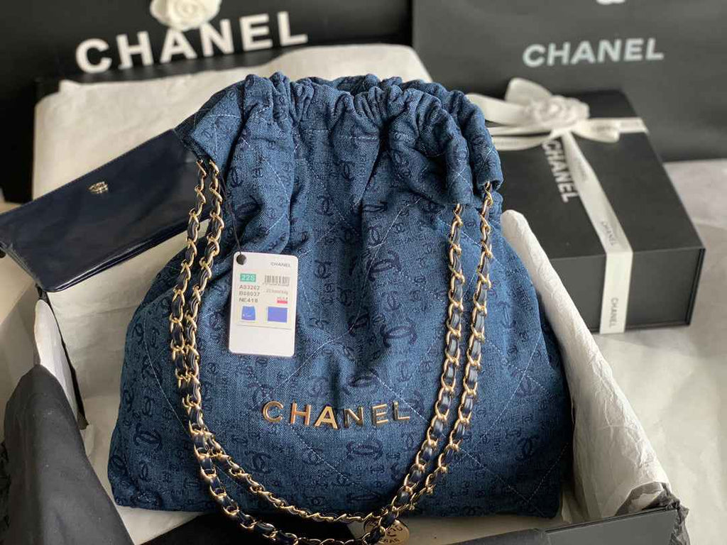 Chanel 22 Large Handbag AS3262 Clothes Gold-Tone Metal Blue