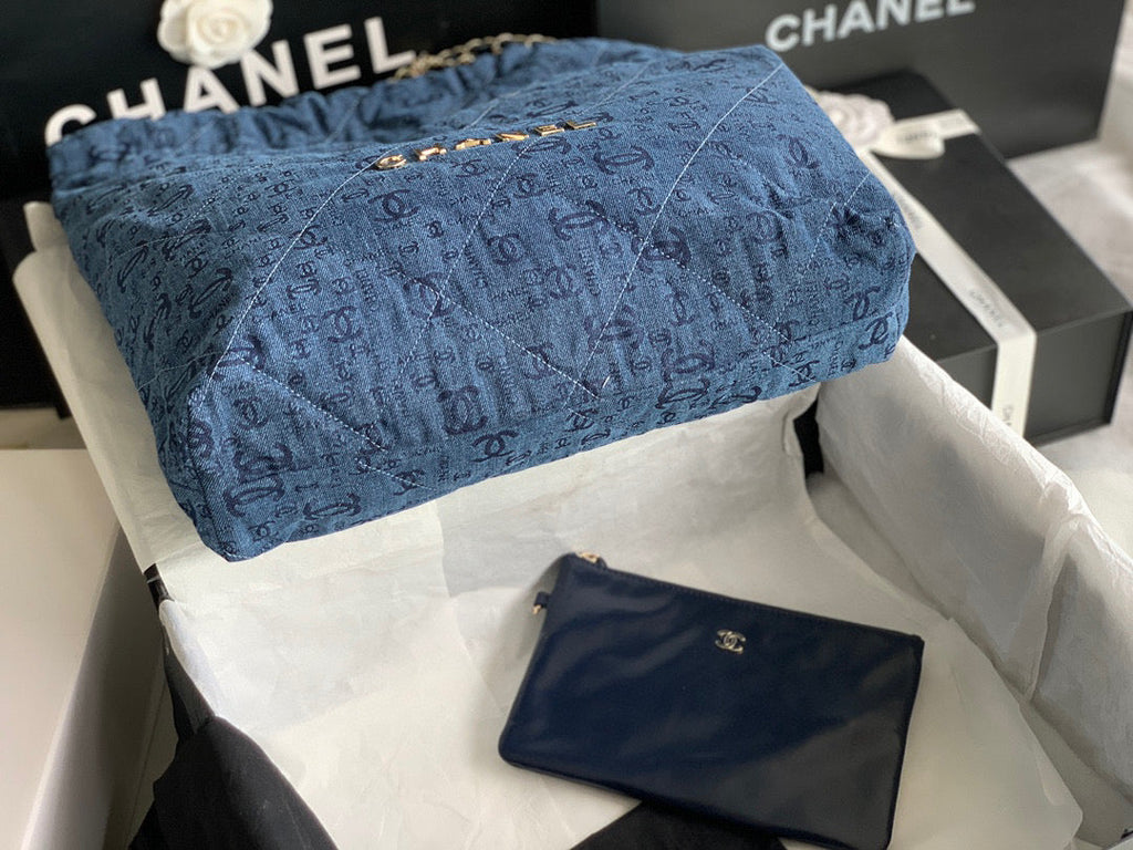 Chanel 22 Large Handbag AS3262 Clothes Gold-Tone Metal Blue